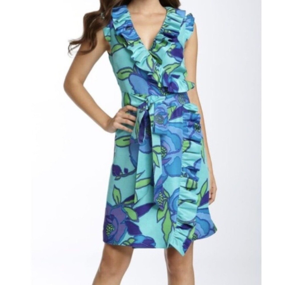 kate spade new york Floral Wrap A-Line V-Neck Belt Knee Dress White Blue size 6